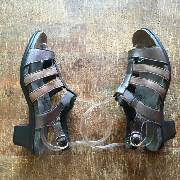 SAS Allegro Heel Strappy Sandal Womens 9 M Bronze Pewter Minimalist Metallic - Picture 4 of 11